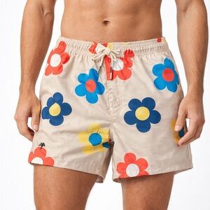 OAS European Style Retro Beige Swim Trunks with Blue, Yellow & Red Floral Print